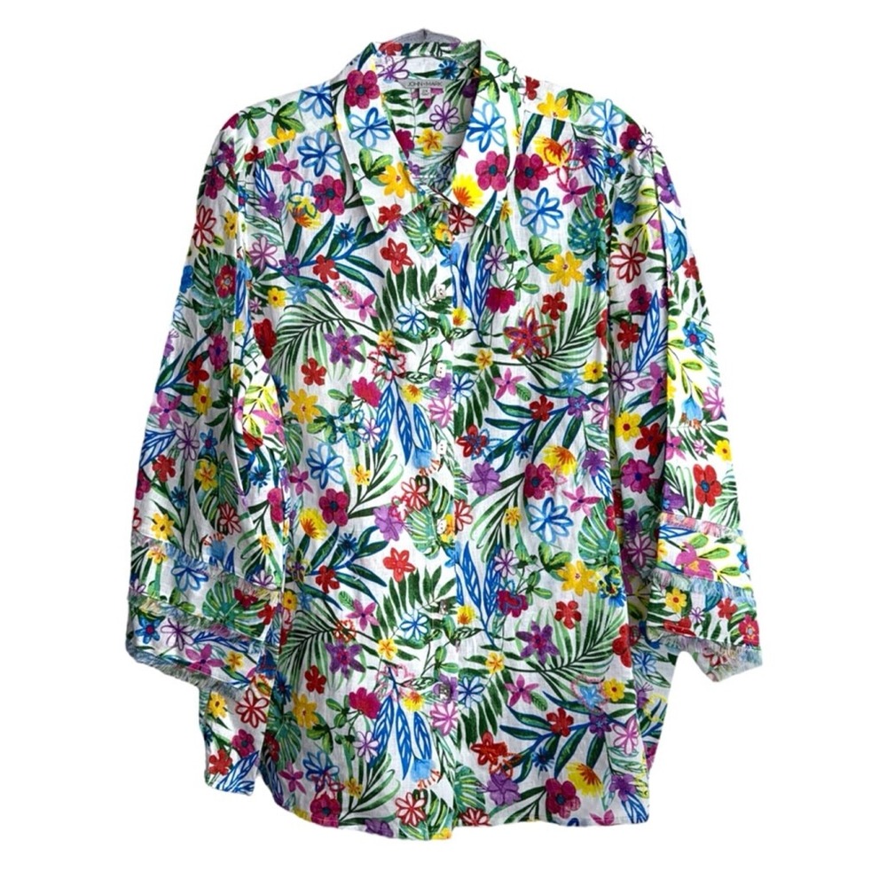 John Mark 2X Embroidered Floral Multicolored Linen Capri Blouse Shirt Plus NWT